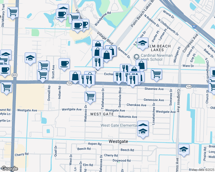 map of restaurants, bars, coffee shops, grocery stores, and more near 2750 Shawnee Avenue in West Palm Beach