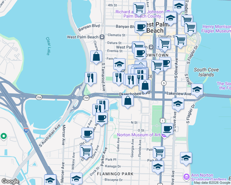 map of restaurants, bars, coffee shops, grocery stores, and more near 701 Okeechobee Boulevard in West Palm Beach