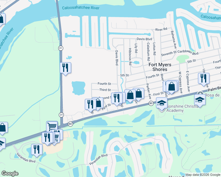 map of restaurants, bars, coffee shops, grocery stores, and more near 12362 Third Street in Fort Myers