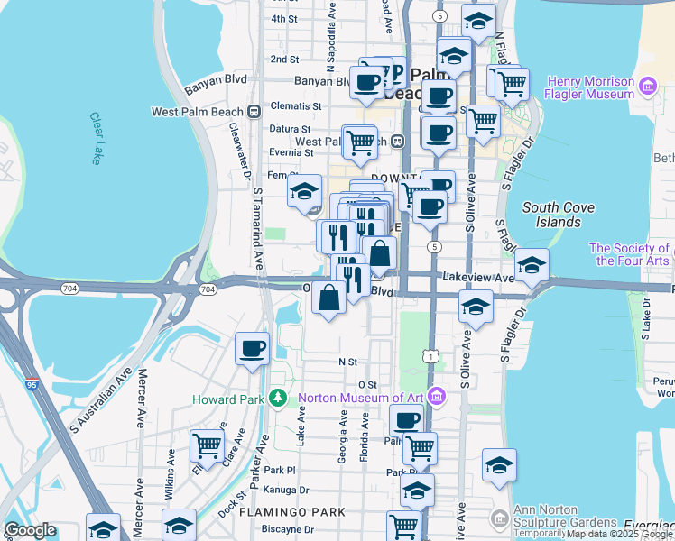 map of restaurants, bars, coffee shops, grocery stores, and more near 651 Okeechobee Boulevard in West Palm Beach