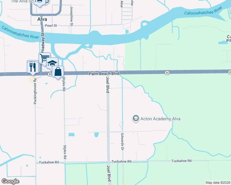 map of restaurants, bars, coffee shops, grocery stores, and more near 2870 Joel Boulevard in Alva