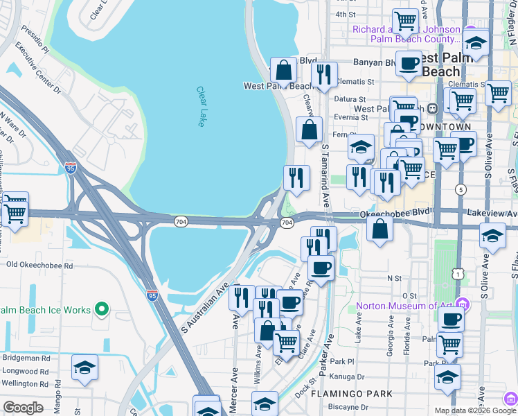 map of restaurants, bars, coffee shops, grocery stores, and more near Okeechobee Boulevard in West Palm Beach