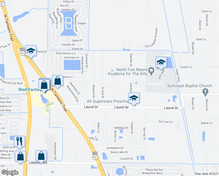 map of restaurants, bars, coffee shops, grocery stores, and more near 4170 Pine Drop Lane in North Fort Myers