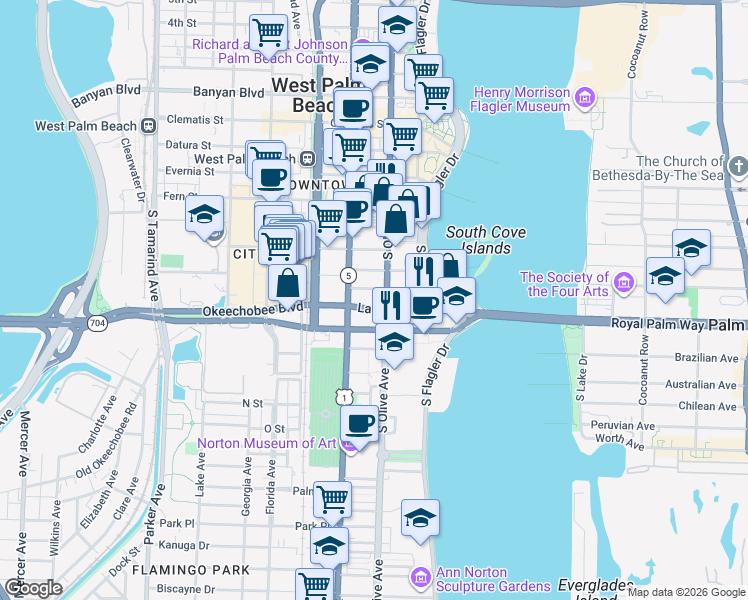 map of restaurants, bars, coffee shops, grocery stores, and more near 220 Lakeview Avenue in West Palm Beach
