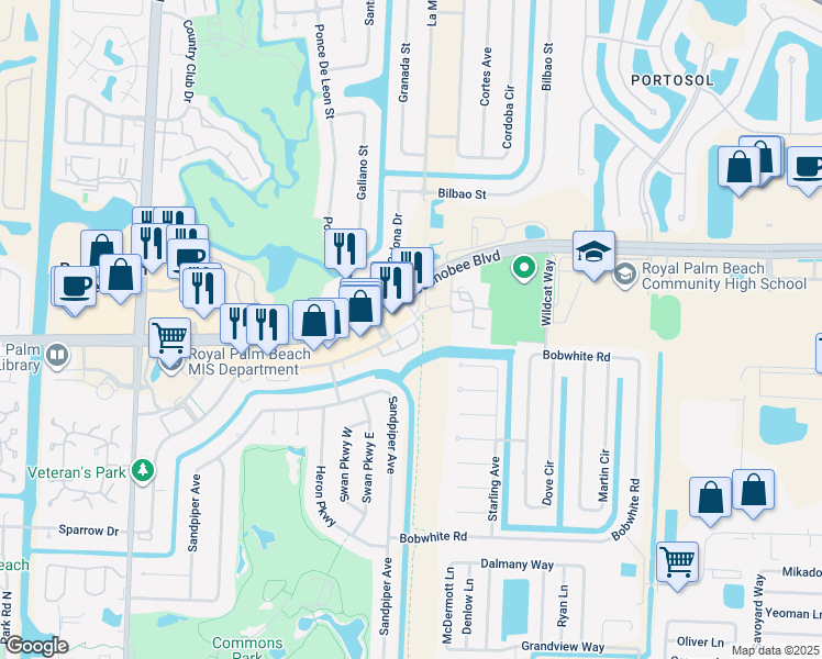 map of restaurants, bars, coffee shops, grocery stores, and more near 216 Sparrow Drive in Royal Palm Beach