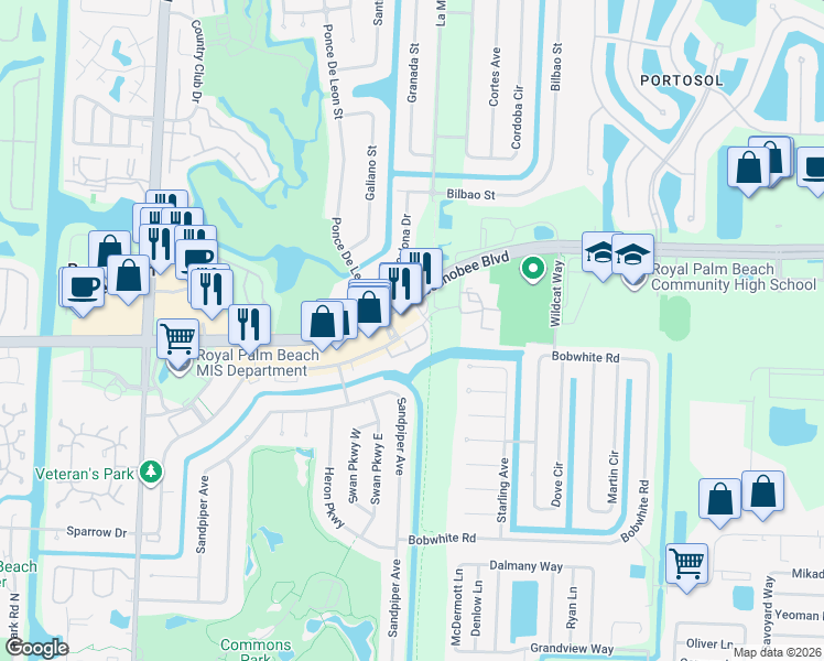map of restaurants, bars, coffee shops, grocery stores, and more near 216 Sparrow Drive in Royal Palm Beach