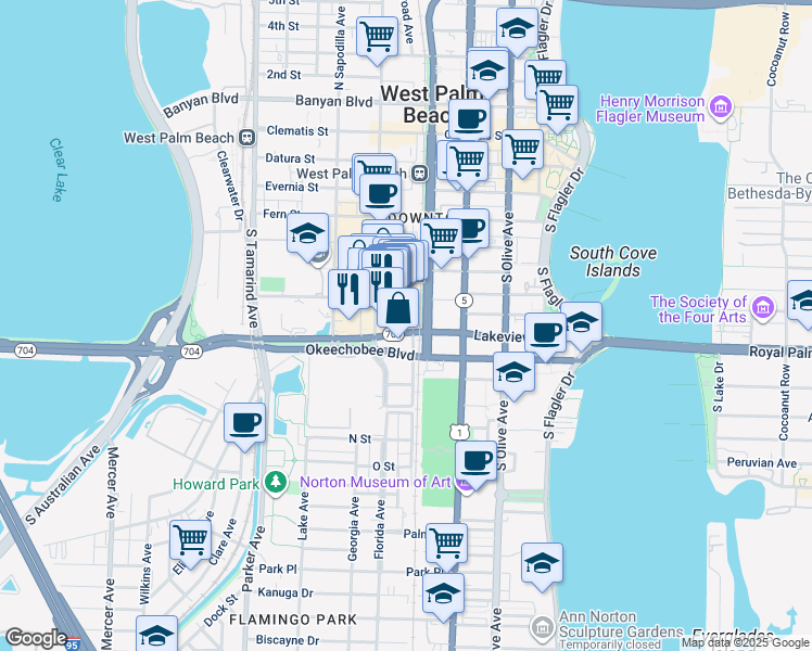 map of restaurants, bars, coffee shops, grocery stores, and more near 525 Okeechobee Boulevard in West Palm Beach