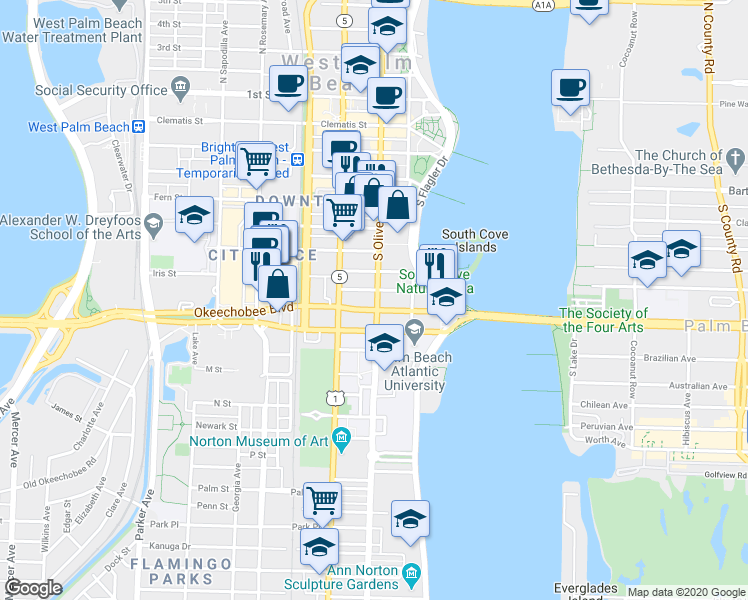 map of restaurants, bars, coffee shops, grocery stores, and more near 220 Lakeview Avenue in West Palm Beach