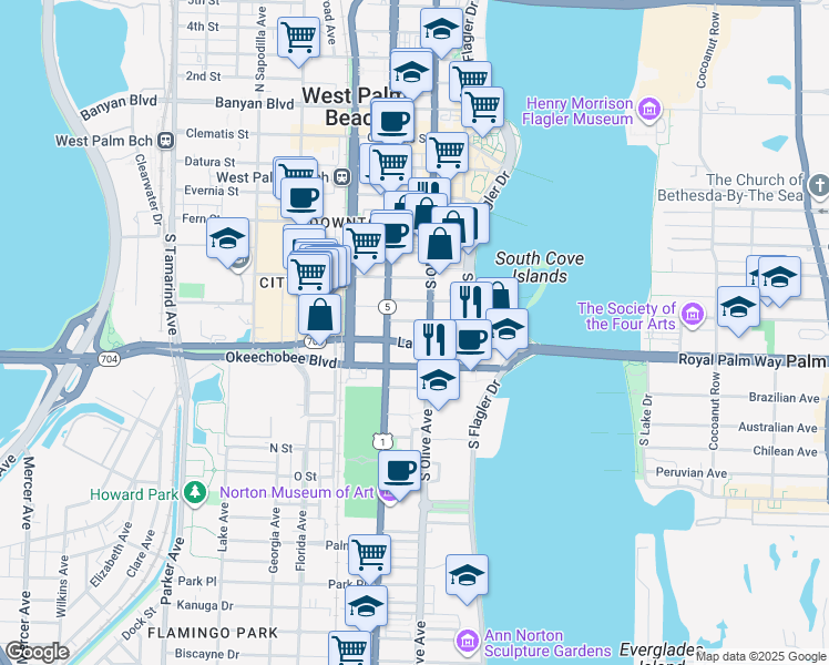 map of restaurants, bars, coffee shops, grocery stores, and more near 220 Lakeview Avenue in West Palm Beach