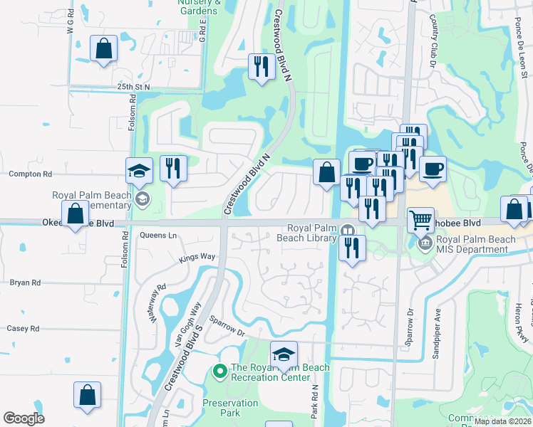 map of restaurants, bars, coffee shops, grocery stores, and more near 276 Beaver Dam Court in Royal Palm Beach