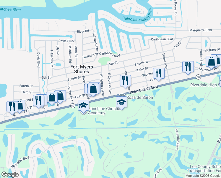 map of restaurants, bars, coffee shops, grocery stores, and more near 13034 1st Street in Fort Myers