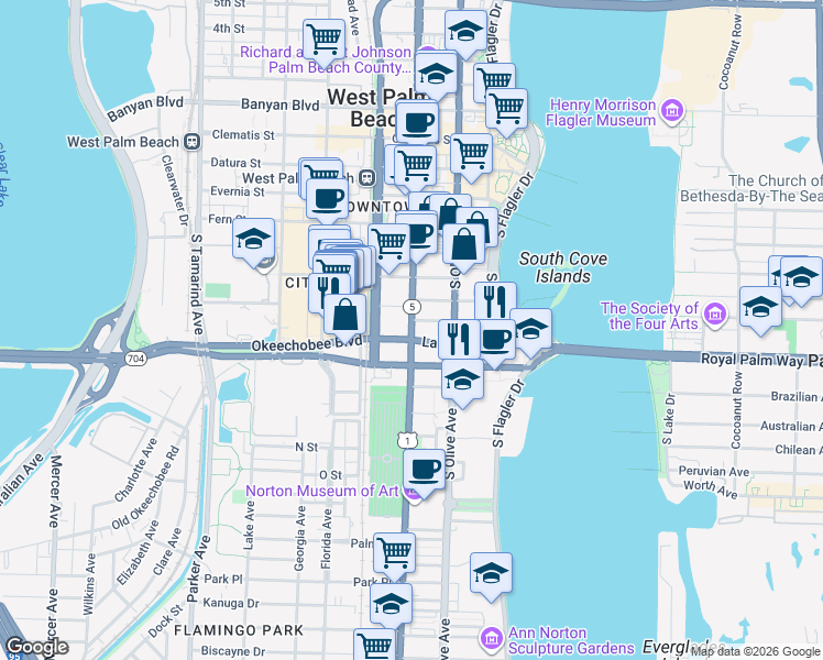 map of restaurants, bars, coffee shops, grocery stores, and more near 804 South Dixie Highway in West Palm Beach