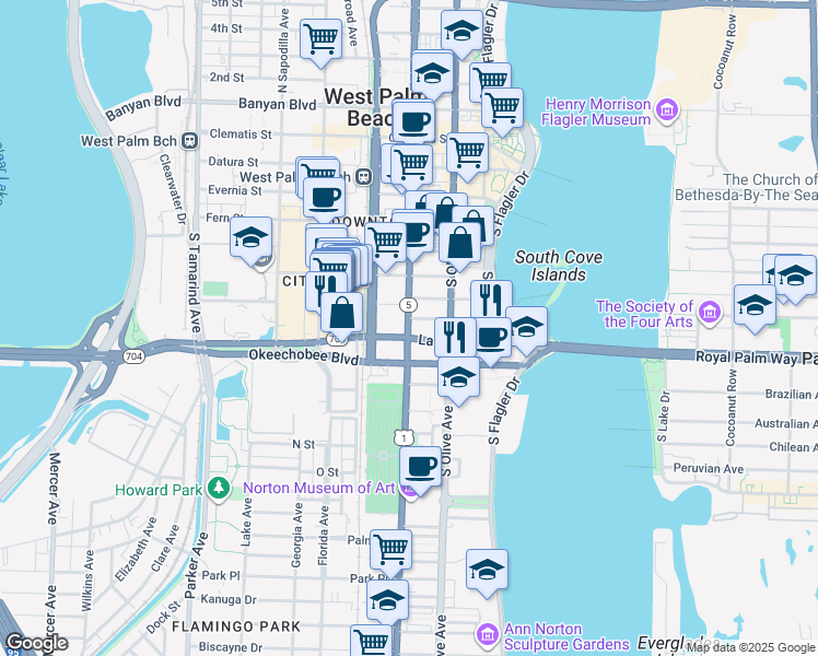 map of restaurants, bars, coffee shops, grocery stores, and more near 804 South Dixie Highway in West Palm Beach
