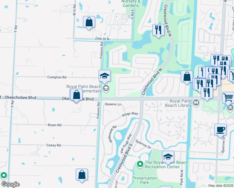 map of restaurants, bars, coffee shops, grocery stores, and more near 122 Queens Lane in Royal Palm Beach