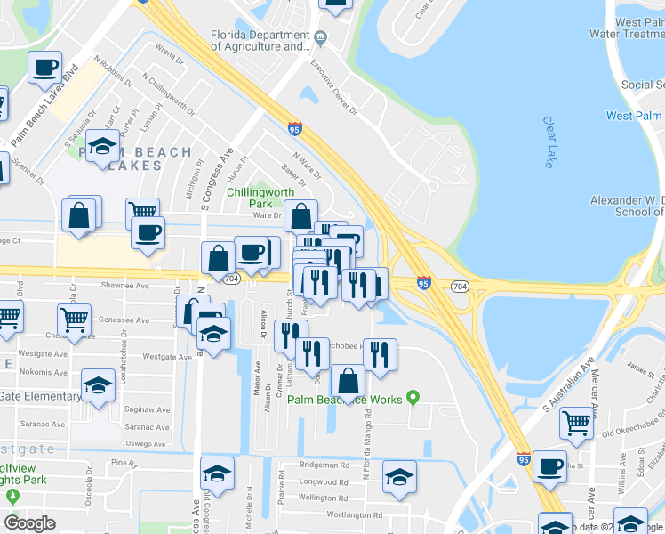 map of restaurants, bars, coffee shops, grocery stores, and more near 1999 Ryder Ln in West Palm Beach