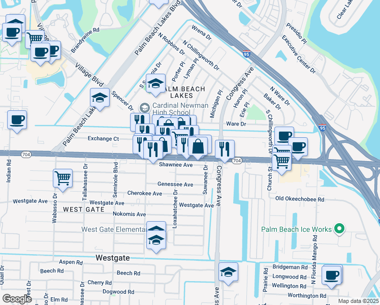 map of restaurants, bars, coffee shops, grocery stores, and more near 2421 Okeechobee Boulevard in West Palm Beach