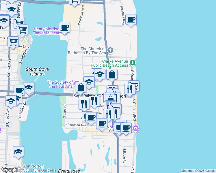 map of restaurants, bars, coffee shops, grocery stores, and more near 210 Seaspray Avenue in Palm Beach
