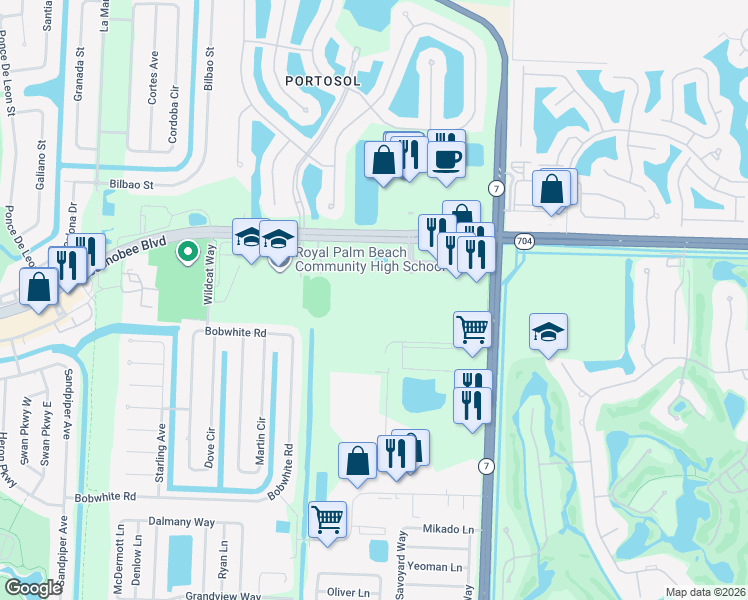 map of restaurants, bars, coffee shops, grocery stores, and more near 10354 Fox Trail Road South in West Palm Beach