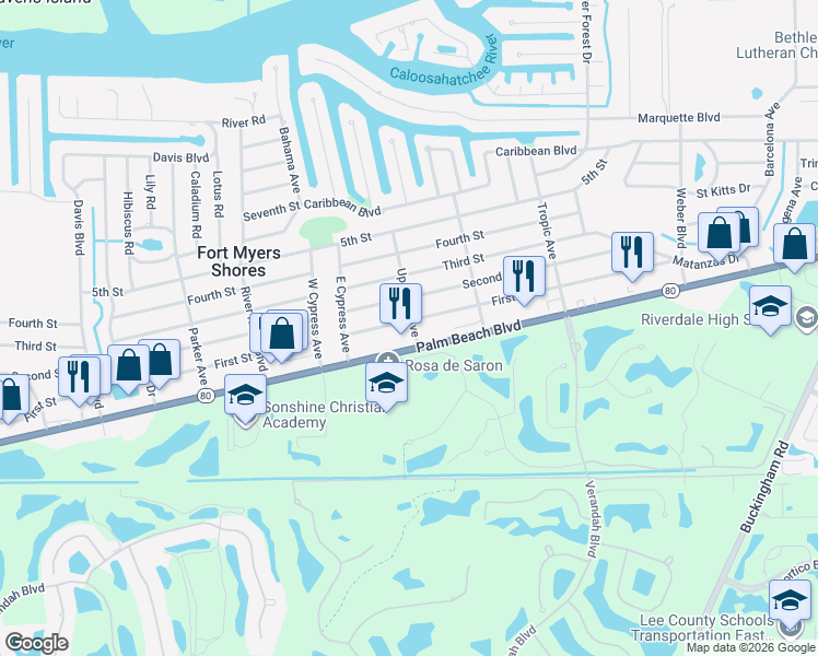 map of restaurants, bars, coffee shops, grocery stores, and more near 2830 Upcohall Avenue in Fort Myers