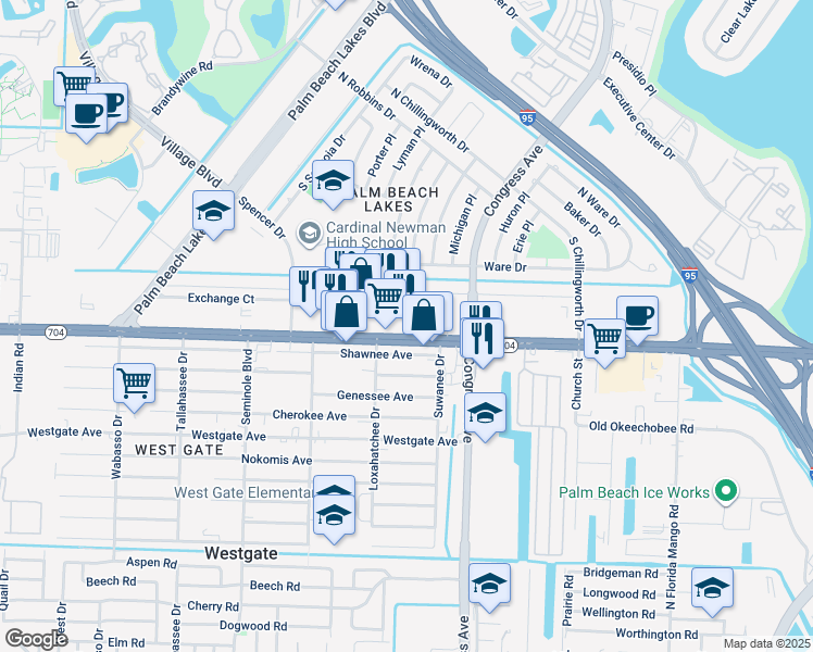 map of restaurants, bars, coffee shops, grocery stores, and more near 2421 Okeechobee Blvd in West Palm Beach