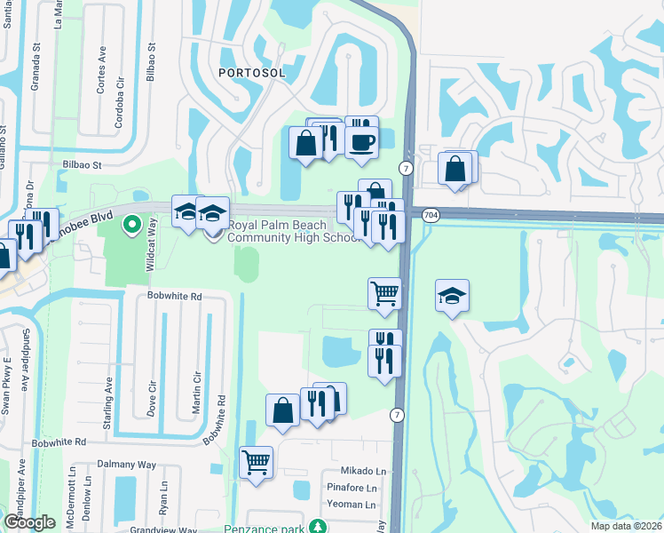 map of restaurants, bars, coffee shops, grocery stores, and more near 10288 Fox Trail Road South in Royal Palm Beach