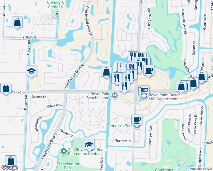 map of restaurants, bars, coffee shops, grocery stores, and more near 1108 Oakwater Drive in Royal Palm Beach