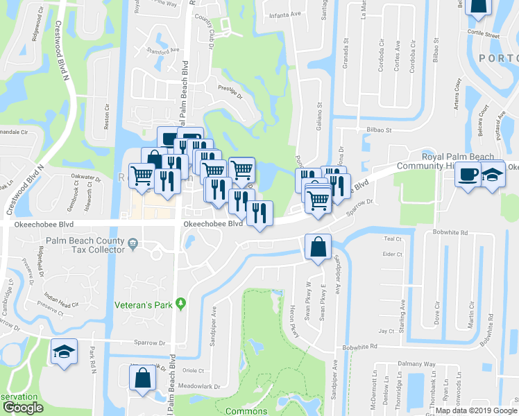 map of restaurants, bars, coffee shops, grocery stores, and more near 404 Lakeview Drive East in Royal Palm Beach