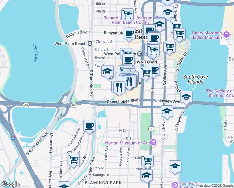 map of restaurants, bars, coffee shops, grocery stores, and more near 780 South Sapodilla Avenue in West Palm Beach