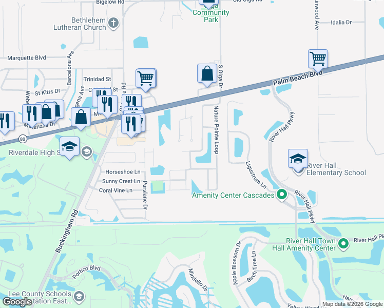 map of restaurants, bars, coffee shops, grocery stores, and more near 2631 Hawks Preserve Drive in Fort Myers