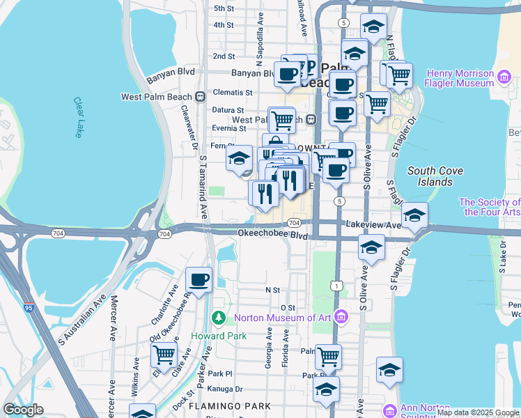 map of restaurants, bars, coffee shops, grocery stores, and more near 780 South Sapodilla Avenue in West Palm Beach