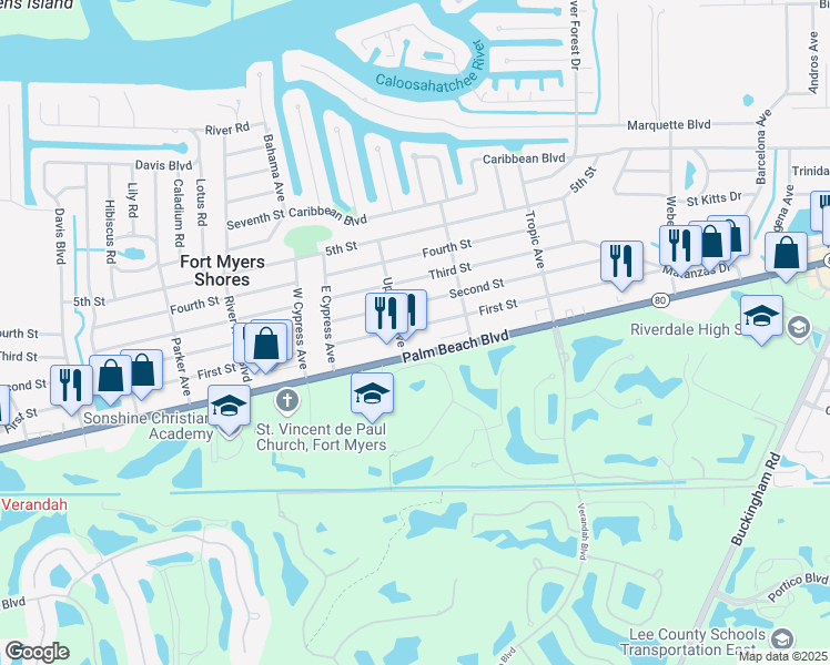 map of restaurants, bars, coffee shops, grocery stores, and more near 13311 First Street in Fort Myers