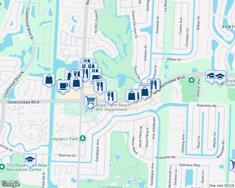 map of restaurants, bars, coffee shops, grocery stores, and more near 203 Lakeview Drive East in Royal Palm Beach