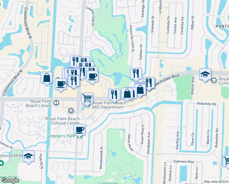 map of restaurants, bars, coffee shops, grocery stores, and more near 404 Lakeview Drive East in Royal Palm Beach