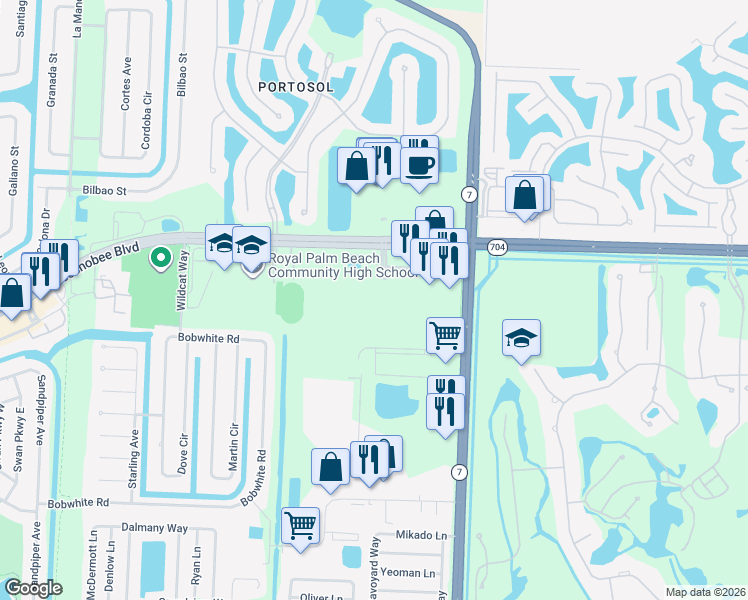 map of restaurants, bars, coffee shops, grocery stores, and more near 10342 Fox Trail Road South in Royal Palm Beach