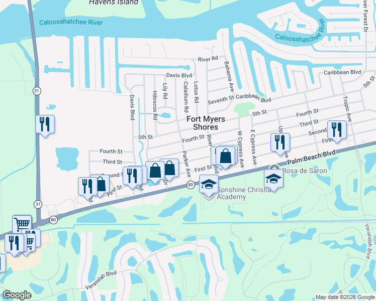 map of restaurants, bars, coffee shops, grocery stores, and more near 12914 Third Street in Fort Myers