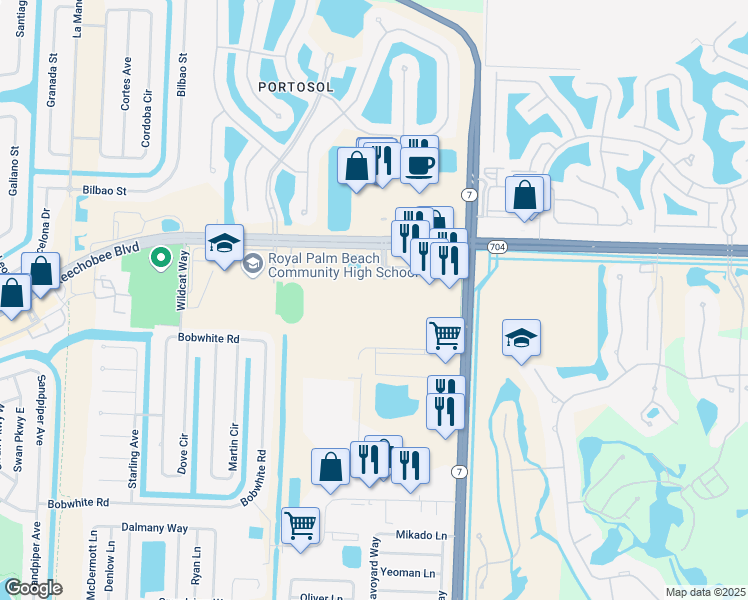 map of restaurants, bars, coffee shops, grocery stores, and more near 10342 Fox Trail Road South in Royal Palm Beach