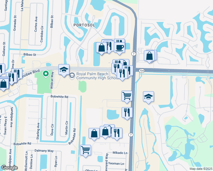 map of restaurants, bars, coffee shops, grocery stores, and more near 10330 Fox Trail Road South in Royal Palm Beach