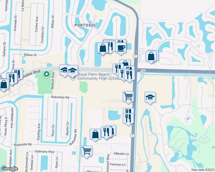 map of restaurants, bars, coffee shops, grocery stores, and more near 10342 Fox Trail Road South in Royal Palm Beach