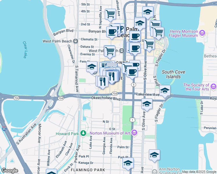 map of restaurants, bars, coffee shops, grocery stores, and more near 620 Hibiscus Street in West Palm Beach