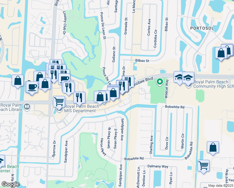 map of restaurants, bars, coffee shops, grocery stores, and more near Okeechobee Blvd & Ponce De Leon St in Royal Palm Beach