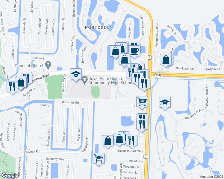 map of restaurants, bars, coffee shops, grocery stores, and more near 10354 Fox Trail Road South in West Palm Beach