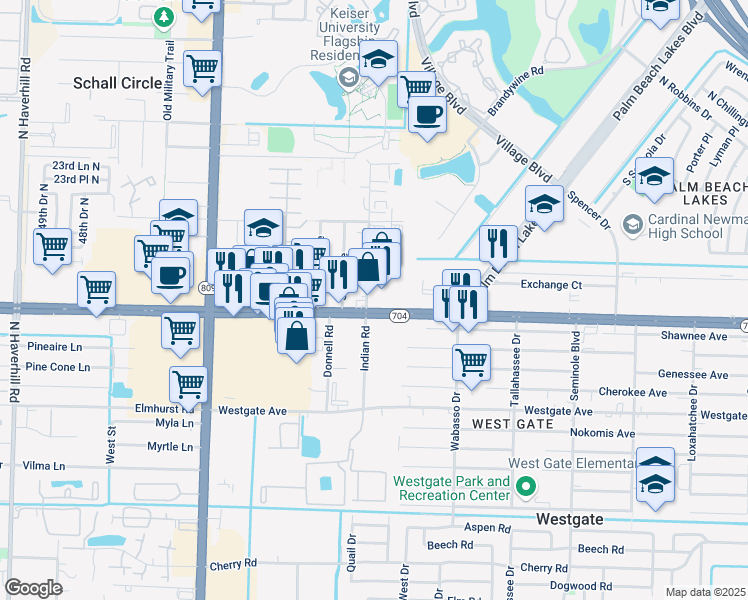 map of restaurants, bars, coffee shops, grocery stores, and more near 2051 Indian Road in West Palm Beach