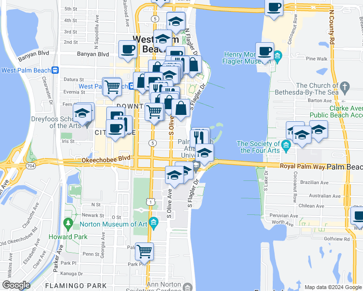 map of restaurants, bars, coffee shops, grocery stores, and more near 211 Trinity Place in West Palm Beach