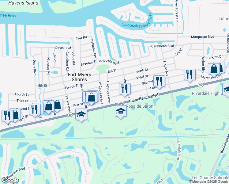 map of restaurants, bars, coffee shops, grocery stores, and more near 13219 Second Street in Fort Myers