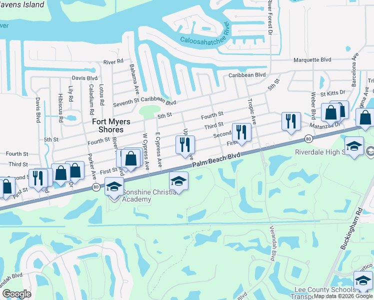 map of restaurants, bars, coffee shops, grocery stores, and more near 2830 Upcohall Avenue in Fort Myers