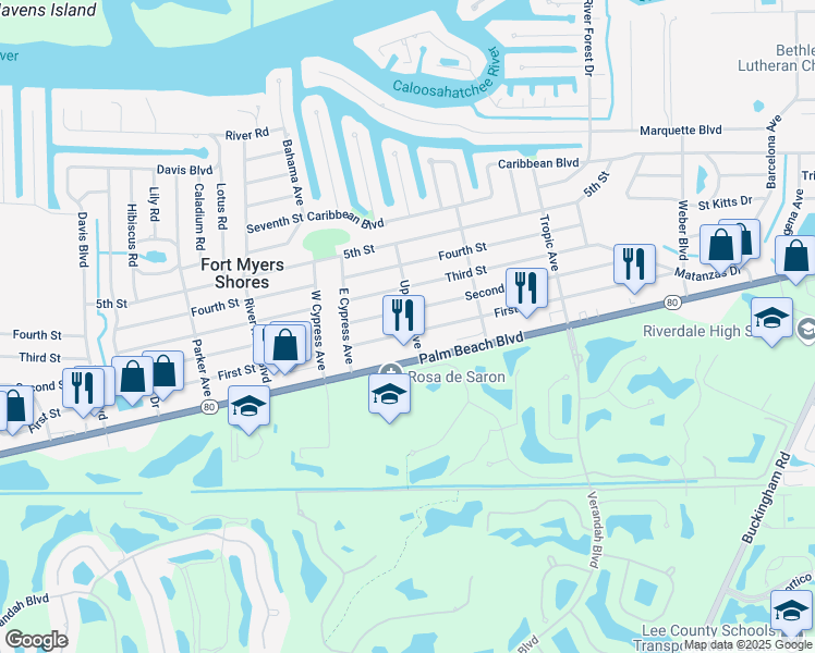 map of restaurants, bars, coffee shops, grocery stores, and more near 2830 Upcohall Avenue in Fort Myers