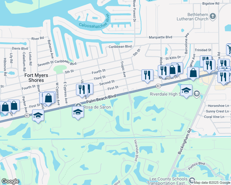 map of restaurants, bars, coffee shops, grocery stores, and more near 13432 Palm Beach Boulevard in Fort Myers
