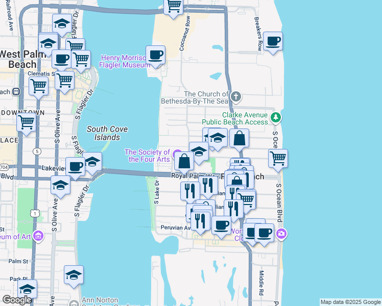 map of restaurants, bars, coffee shops, grocery stores, and more near 418 Seaspray Avenue in Palm Beach