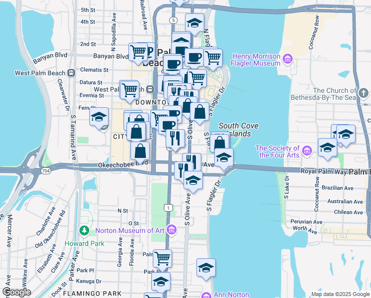 map of restaurants, bars, coffee shops, grocery stores, and more near 695 South Olive Avenue in West Palm Beach