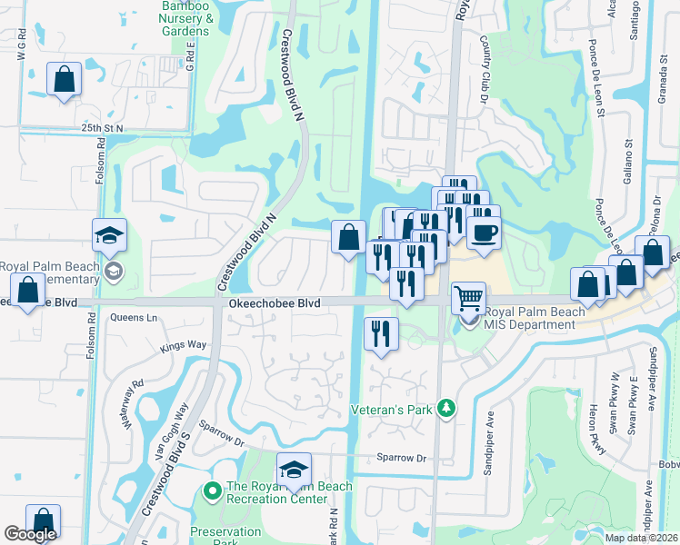 map of restaurants, bars, coffee shops, grocery stores, and more near 1115 Oakwater Drive in Royal Palm Beach